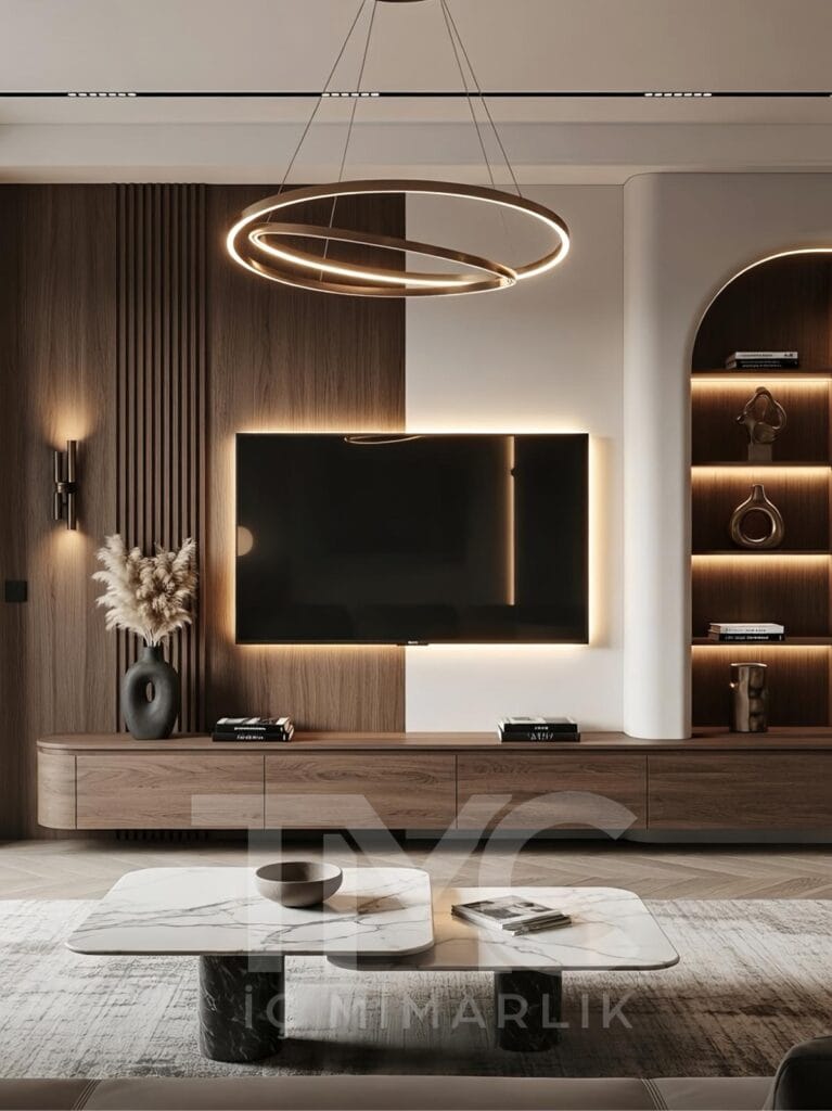 Modern TV ünitesi tasarımı, LED aydınlatmalı duvar paneli, ahşap ve mermer detaylı özel ölçü iç mimari salon dekorasyonu.