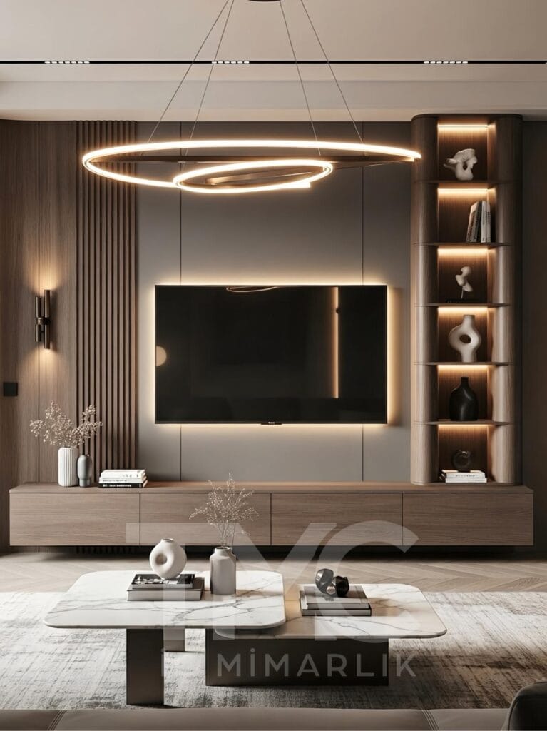 Modern TV ünitesi tasarımı, LED aydınlatmalı duvar paneli, ahşap ve mermer detaylı özel ölçü iç mimari salon dekorasyonu.