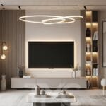Modern TV ünitesi tasarımı, LED aydınlatmalı duvar paneli, ahşap ve mermer detaylı özel ölçü iç mimari salon dekorasyonu.
