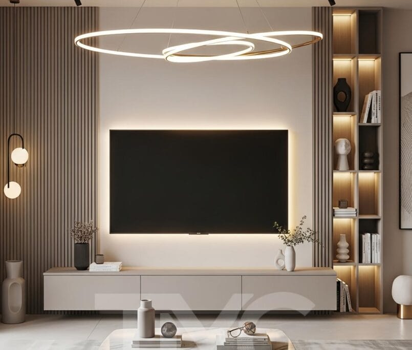Modern TV ünitesi tasarımı, LED aydınlatmalı duvar paneli, ahşap ve mermer detaylı özel ölçü iç mimari salon dekorasyonu.