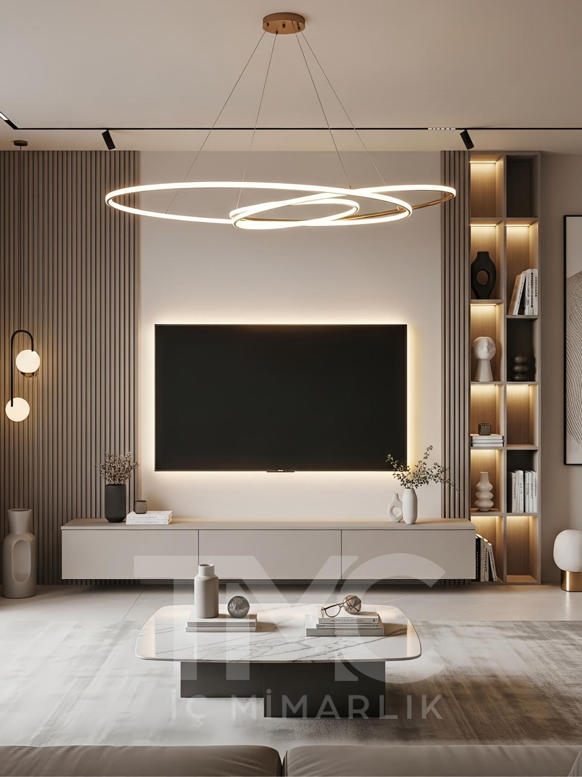 Modern TV ünitesi tasarımı, LED aydınlatmalı duvar paneli, ahşap ve mermer detaylı özel ölçü iç mimari salon dekorasyonu.