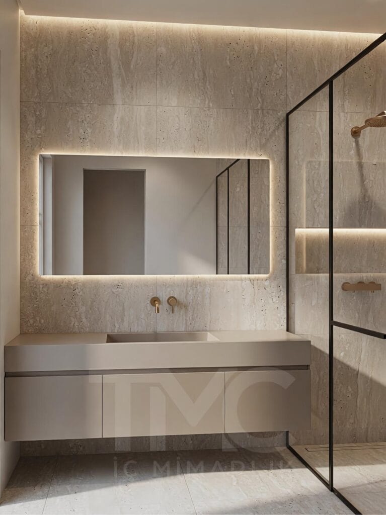 modern banyo tasarımı, mermer görünümlü kaplama, gizli led aydınlatmalı ayna, cam duş paneli, minimal banyo dolabı, kadıköy iç mimari proje, lüks modern banyo dekorasyonu