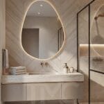modern banyo tasarımı, mermer görünümlü kaplama, gizli led aydınlatmalı ayna, cam duş paneli, minimal banyo dolabı, kadıköy iç mimari proje, lüks modern banyo dekorasyonu