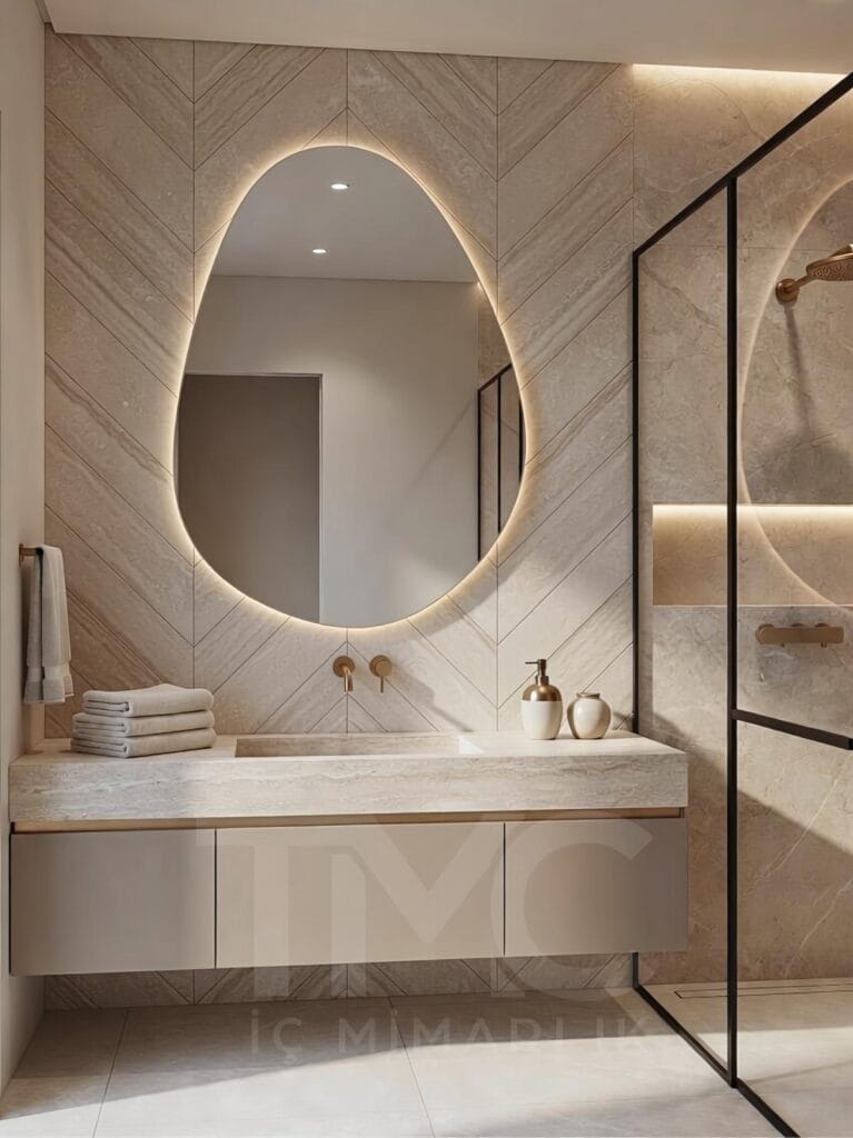 modern banyo tasarımı, mermer görünümlü kaplama, gizli led aydınlatmalı ayna, cam duş paneli, minimal banyo dolabı, kadıköy iç mimari proje, lüks modern banyo dekorasyonu