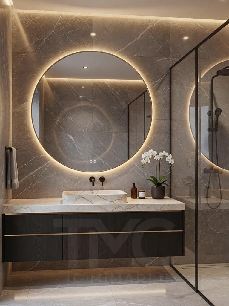 modern banyo tasarımı, mermer görünümlü kaplama, gizli led aydınlatmalı ayna, cam duş paneli, minimal banyo dolabı, kadıköy iç mimari proje, lüks modern banyo dekorasyonu