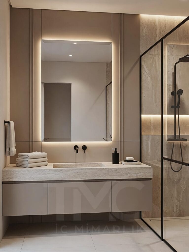 modern banyo tasarımı, mermer görünümlü kaplama, gizli led aydınlatmalı ayna, cam duş paneli, minimal banyo dolabı, kadıköy iç mimari proje, lüks modern banyo dekorasyonu