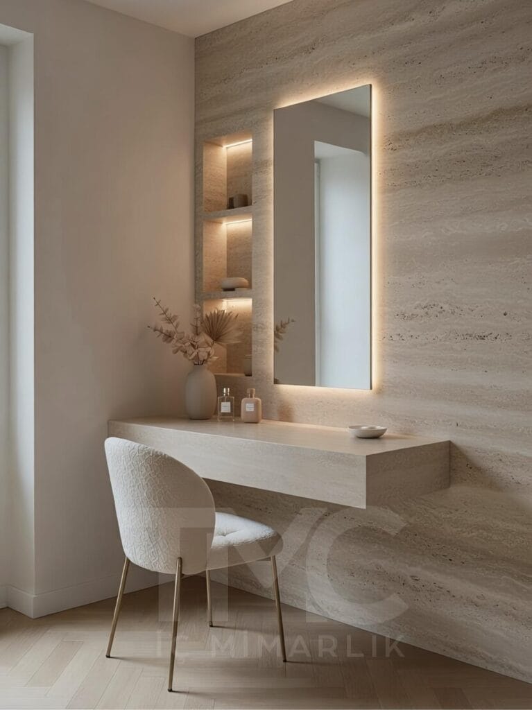 Modern makyaj masası tasarımı, Göktürk İstanbul projesi, LED aydınlatmalı ayna, duvara asılı floating masa, nervürlü duvar paneli, ahşap ve krem tonlarında minimalist iç mimari, TMC Mimarlık makyaj köşesi tasarımı