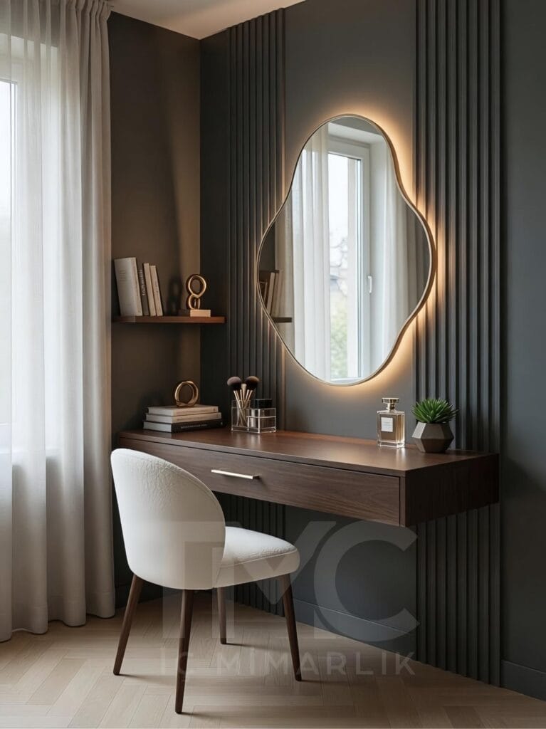 Modern makyaj masası tasarımı, Göktürk İstanbul projesi, LED aydınlatmalı ayna, duvara asılı floating masa, nervürlü duvar paneli, ahşap ve krem tonlarında minimalist iç mimari, TMC Mimarlık makyaj köşesi tasarımı
