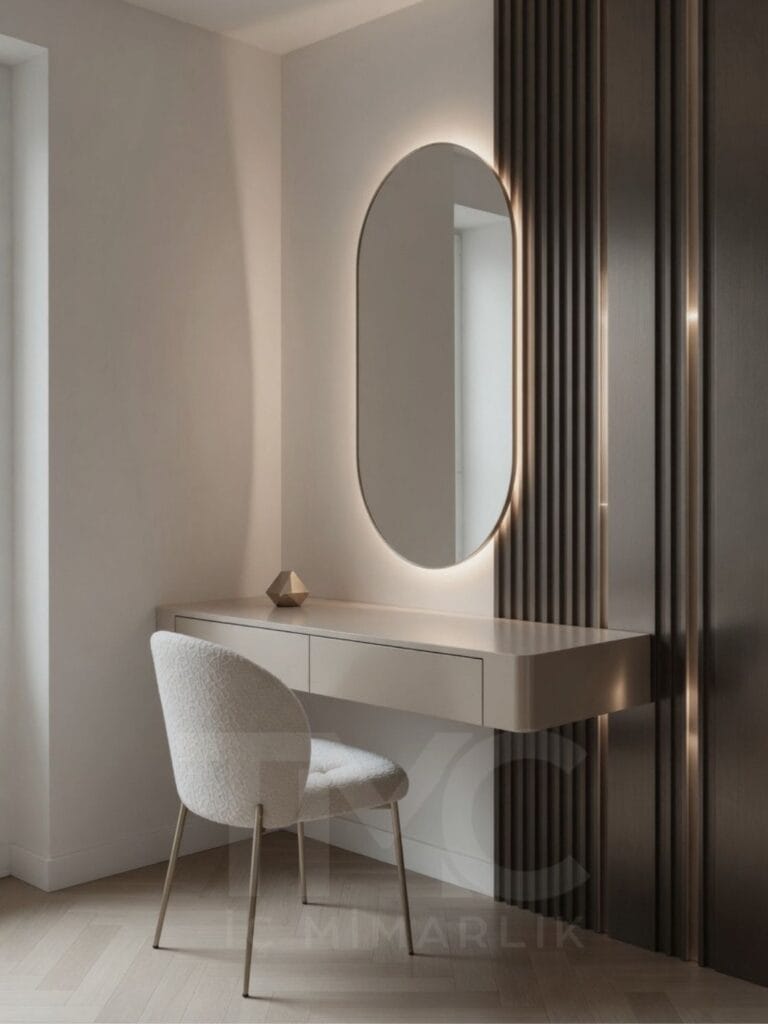 Modern makyaj masası tasarımı, Göktürk İstanbul projesi, LED aydınlatmalı ayna, duvara asılı floating masa, nervürlü duvar paneli, ahşap ve krem tonlarında minimalist iç mimari, TMC Mimarlık makyaj köşesi tasarımı