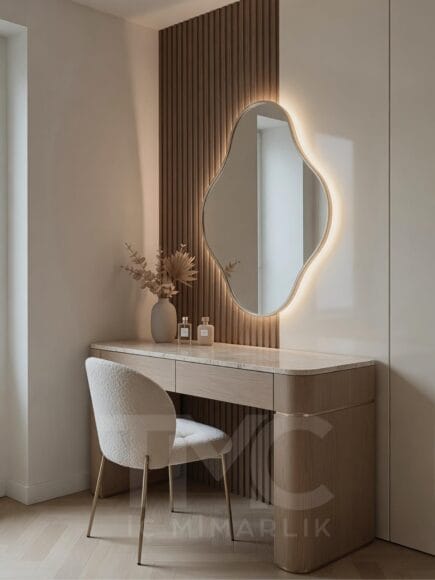 Modern makyaj masası tasarımı, Göktürk İstanbul projesi, LED aydınlatmalı ayna, duvara asılı floating masa, nervürlü duvar paneli, ahşap ve krem tonlarında minimalist iç mimari, TMC Mimarlık makyaj köşesi tasarımı