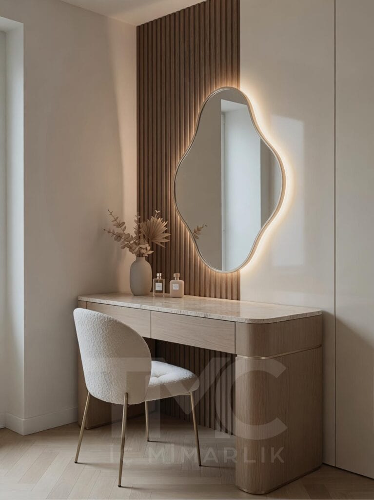Modern makyaj masası tasarımı, Göktürk İstanbul projesi, LED aydınlatmalı ayna, duvara asılı floating masa, nervürlü duvar paneli, ahşap ve krem tonlarında minimalist iç mimari, TMC Mimarlık makyaj köşesi tasarımı