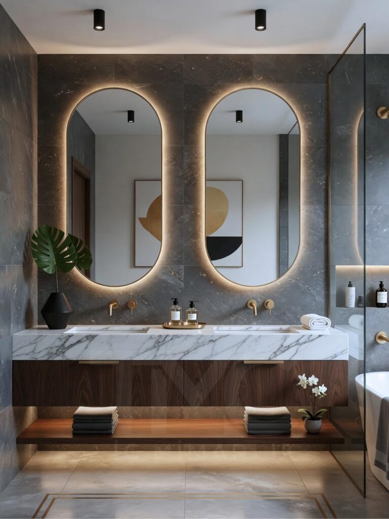 Limonlu Bahçe Konakları’nda tasarlanan modern banyo projesi; mermer tezgâh, arka aydınlatmalı aynalar ve minimal tasarım detayları ile lüks ve ferah bir iç mekân sunmaktadır.