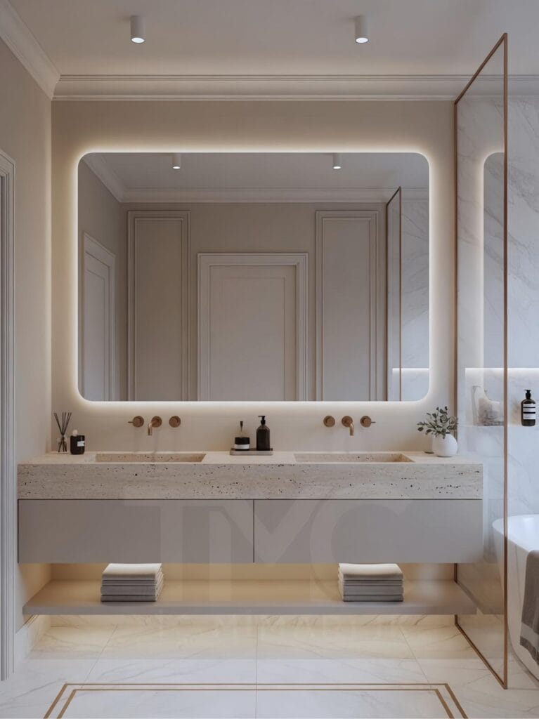Limonlu Bahçe Konakları’nda tasarlanan modern banyo projesi; mermer tezgâh, arka aydınlatmalı aynalar ve minimal tasarım detayları ile lüks ve ferah bir iç mekân sunmaktadır.