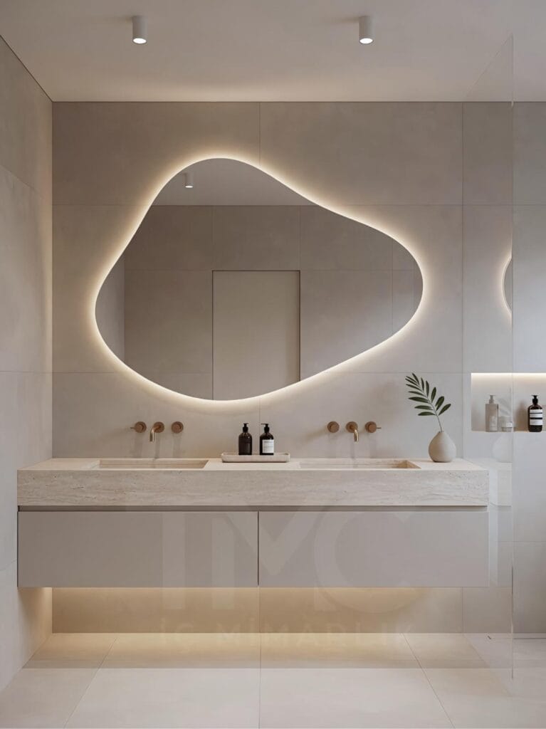 Limonlu Bahçe Konakları’nda tasarlanan modern banyo projesi; mermer tezgâh, arka aydınlatmalı aynalar ve minimal tasarım detayları ile lüks ve ferah bir iç mekân sunmaktadır.