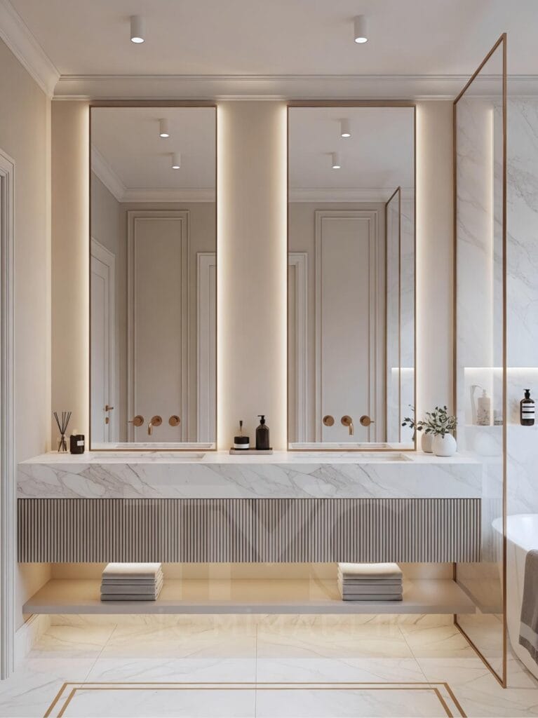 Limonlu Bahçe Konakları’nda tasarlanan modern banyo projesi; mermer tezgâh, arka aydınlatmalı aynalar ve minimal tasarım detayları ile lüks ve ferah bir iç mekân sunmaktadır.