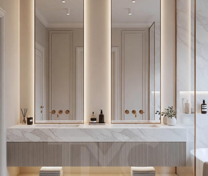 Limonlu Bahçe Konakları’nda tasarlanan modern banyo projesi; mermer tezgâh, arka aydınlatmalı aynalar ve minimal tasarım detayları ile lüks ve ferah bir iç mekân sunmaktadır.
