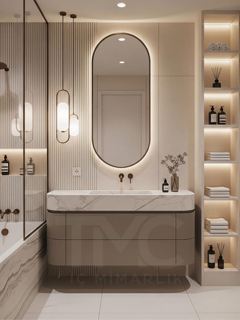 Toskana Vadisi Evleri’nde Selin & Emre için tasarlanan modern banyo; vizon tonlu dolap, mermer tezgah, arkadan LED aydınlatmalı oval ayna ve nervür panel detaylarıyla lüks ve sade iç mimari tasarım.