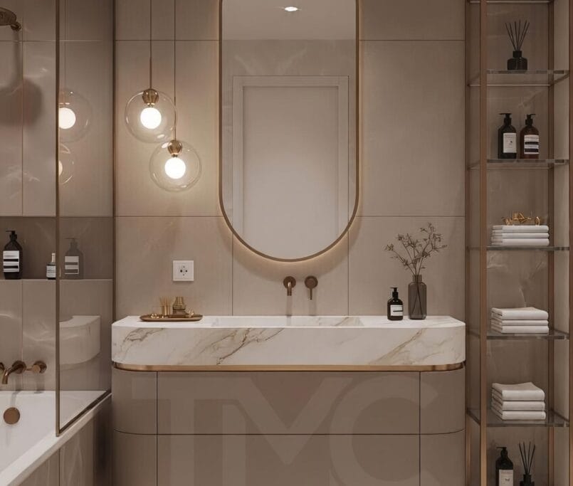 Toskana Vadisi Evleri’nde Selin & Emre için tasarlanan modern banyo; vizon tonlu dolap, mermer tezgah, arkadan LED aydınlatmalı oval ayna ve nervür panel detaylarıyla lüks ve sade iç mimari tasarım.
