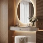 Modern makyaj alanı tasarımı, nervür panel detayları, LED ayna uygulaması ve ölçüye özel çözümler ile estetik ve fonksiyonel iç mimari proje.