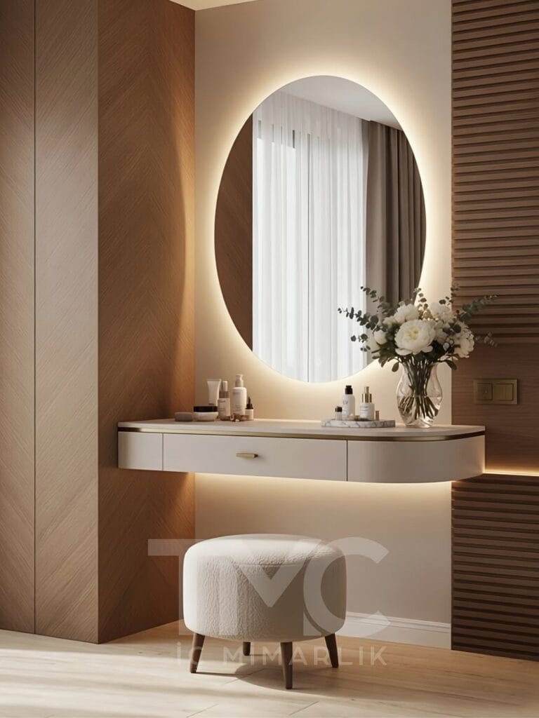 Modern makyaj alanı tasarımı, nervür panel detayları, LED ayna uygulaması ve ölçüye özel çözümler ile estetik ve fonksiyonel iç mimari proje.