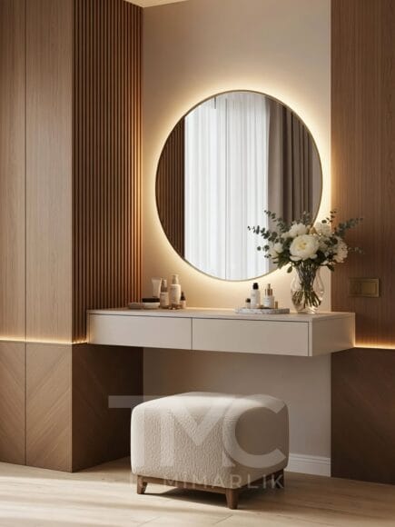 Modern makyaj alanı tasarımı, nervür panel detayları, LED ayna uygulaması ve ölçüye özel çözümler ile estetik ve fonksiyonel iç mimari proje.