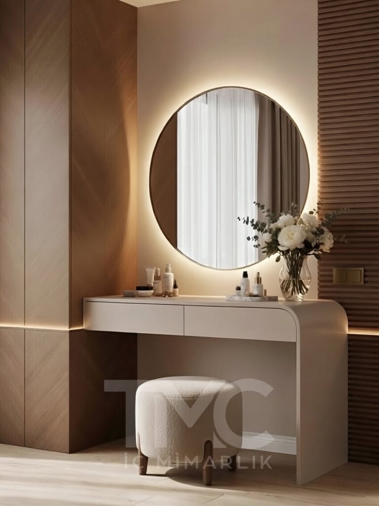 Modern makyaj alanı tasarımı, nervür panel detayları, LED ayna uygulaması ve ölçüye özel çözümler ile estetik ve fonksiyonel iç mimari proje.