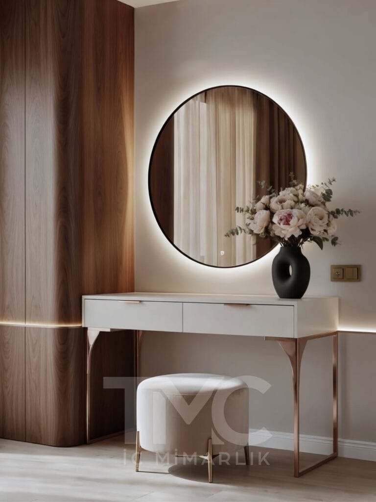 Modern makyaj alanı tasarımı, nervür panel detayları, LED ayna uygulaması ve ölçüye özel çözümler ile estetik ve fonksiyonel iç mimari proje.