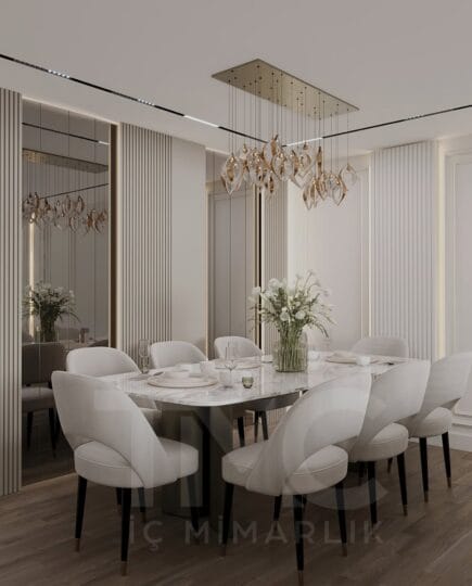 Modern salon ve yemek alanı tasarımı, bronz nervür cam detaylı TV ünitesi, mermer görünümlü duvar paneli, gizli LED aydınlatmalar, krem tonlarında modern iç mimari, gold detaylı yemek alanı, büyük ayna yüzeyleri ve özel üretim lüks mobilya uygulamalarıyla tasarlanmış şık yaşam alanı.