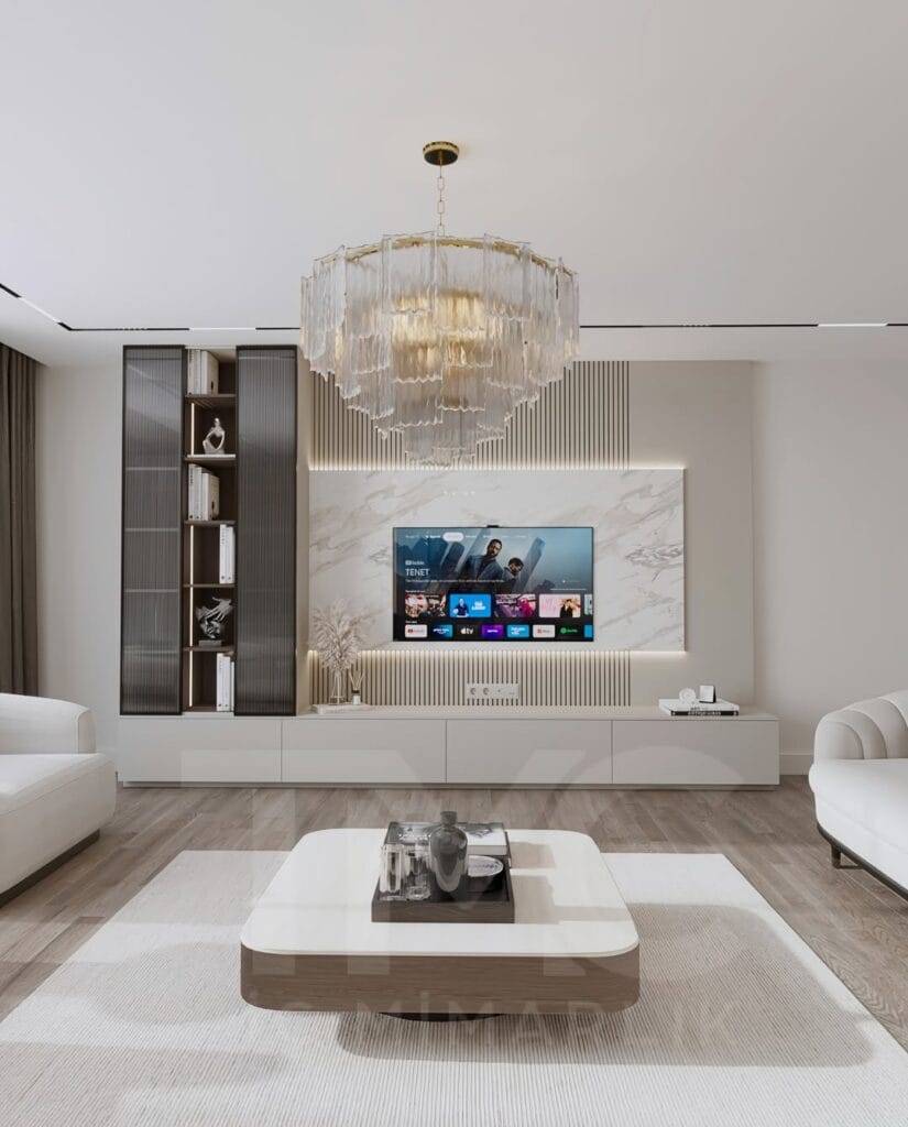 Modern salon ve yemek alanı tasarımı, bronz nervür cam detaylı TV ünitesi, mermer görünümlü duvar paneli, gizli LED aydınlatmalar, krem tonlarında modern iç mimari, gold detaylı yemek alanı, büyük ayna yüzeyleri ve özel üretim lüks mobilya uygulamalarıyla tasarlanmış şık yaşam alanı.