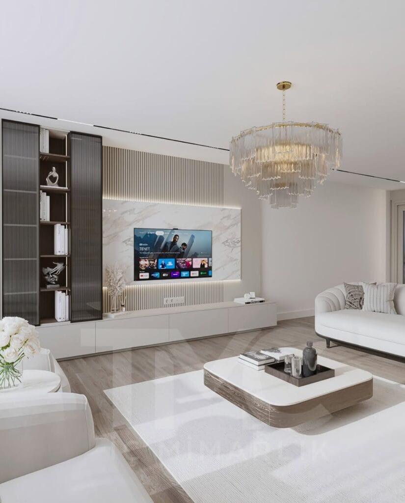 Modern salon ve yemek alanı tasarımı, bronz nervür cam detaylı TV ünitesi, mermer görünümlü duvar paneli, gizli LED aydınlatmalar, krem tonlarında modern iç mimari, gold detaylı yemek alanı, büyük ayna yüzeyleri ve özel üretim lüks mobilya uygulamalarıyla tasarlanmış şık yaşam alanı.