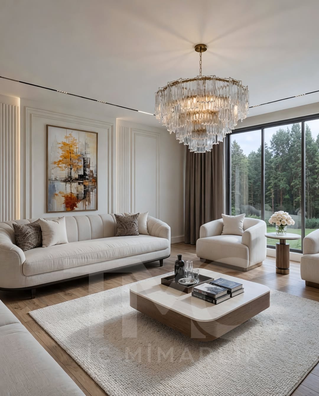 Modern salon ve yemek alanı tasarımı, bronz nervür cam detaylı TV ünitesi, mermer görünümlü duvar paneli, gizli LED aydınlatmalar, krem tonlarında modern iç mimari, gold detaylı yemek alanı, büyük ayna yüzeyleri ve özel üretim lüks mobilya uygulamalarıyla tasarlanmış şık yaşam alanı.