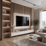 Modern TV ünitesi tasarımı, Altower Residence Çağla Hanım projesi için özel üretim çıtalı panel detaylı TV ünitesi, gizli LED aydınlatmalı yaşam alanı tasarımı, açık raflı modern salon dekorasyonu, doğal ahşap tonlarında minimalist TV ünitesi modeli, özel ölçü üretim modern iç mimari uygulaması, TMC Mimarlık modern salon tasarımı, İstanbul lüks TV ünitesi dekorasyonu, modern yaşam alanı için şık TV ünitesi tasarımı.
