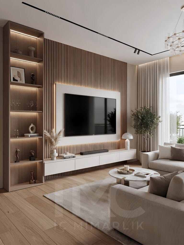 Modern TV ünitesi tasarımı, Altower Residence Çağla Hanım projesi için özel üretim çıtalı panel detaylı TV ünitesi, gizli LED aydınlatmalı yaşam alanı tasarımı, açık raflı modern salon dekorasyonu, doğal ahşap tonlarında minimalist TV ünitesi modeli, özel ölçü üretim modern iç mimari uygulaması, TMC Mimarlık modern salon tasarımı, İstanbul lüks TV ünitesi dekorasyonu, modern yaşam alanı için şık TV ünitesi tasarımı.