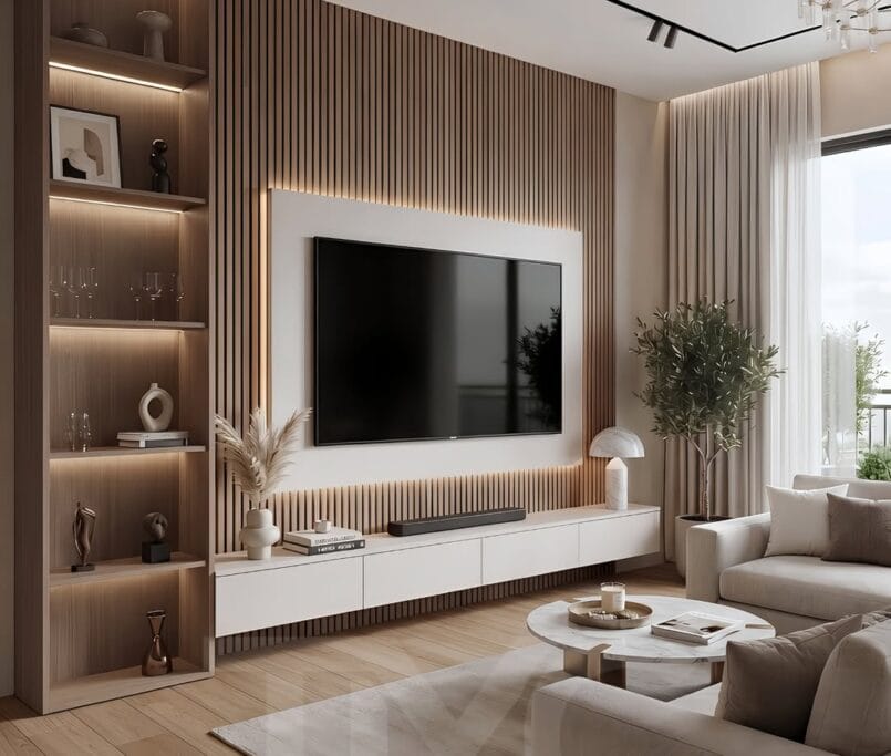Modern TV ünitesi tasarımı, Altower Residence Çağla Hanım projesi için özel üretim çıtalı panel detaylı TV ünitesi, gizli LED aydınlatmalı yaşam alanı tasarımı, açık raflı modern salon dekorasyonu, doğal ahşap tonlarında minimalist TV ünitesi modeli, özel ölçü üretim modern iç mimari uygulaması, TMC Mimarlık modern salon tasarımı, İstanbul lüks TV ünitesi dekorasyonu, modern yaşam alanı için şık TV ünitesi tasarımı.