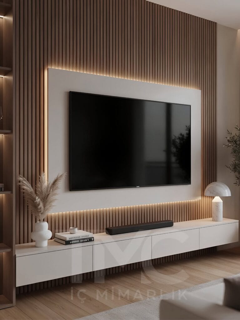 Modern TV ünitesi tasarımı, Altower Residence Çağla Hanım projesi için özel üretim çıtalı panel detaylı TV ünitesi, gizli LED aydınlatmalı yaşam alanı tasarımı, açık raflı modern salon dekorasyonu, doğal ahşap tonlarında minimalist TV ünitesi modeli, özel ölçü üretim modern iç mimari uygulaması, TMC Mimarlık modern salon tasarımı, İstanbul lüks TV ünitesi dekorasyonu, modern yaşam alanı için şık TV ünitesi tasarımı.