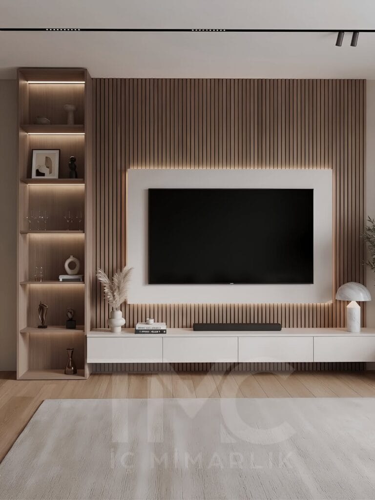 Modern TV ünitesi tasarımı, Altower Residence Çağla Hanım projesi için özel üretim çıtalı panel detaylı TV ünitesi, gizli LED aydınlatmalı yaşam alanı tasarımı, açık raflı modern salon dekorasyonu, doğal ahşap tonlarında minimalist TV ünitesi modeli, özel ölçü üretim modern iç mimari uygulaması, TMC Mimarlık modern salon tasarımı, İstanbul lüks TV ünitesi dekorasyonu, modern yaşam alanı için şık TV ünitesi tasarımı.