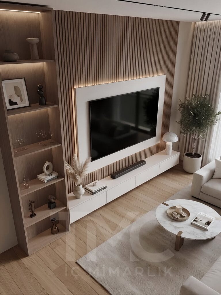 Modern TV ünitesi tasarımı, Altower Residence Çağla Hanım projesi için özel üretim çıtalı panel detaylı TV ünitesi, gizli LED aydınlatmalı yaşam alanı tasarımı, açık raflı modern salon dekorasyonu, doğal ahşap tonlarında minimalist TV ünitesi modeli, özel ölçü üretim modern iç mimari uygulaması, TMC Mimarlık modern salon tasarımı, İstanbul lüks TV ünitesi dekorasyonu, modern yaşam alanı için şık TV ünitesi tasarımı.