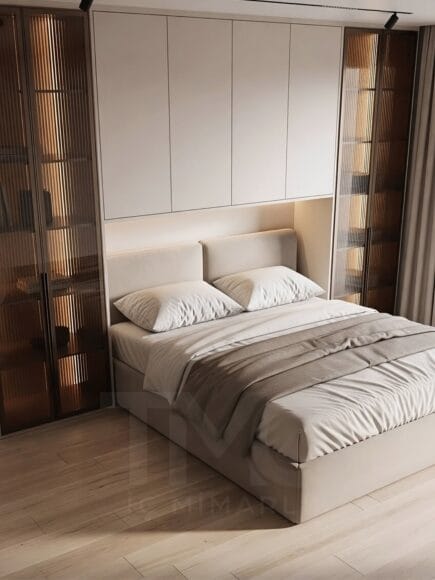 Caddebostan’da modern yatak odası tasarımı; yatak üstü dolap kurgusu, bronz tonlu nervür cam detaylar ve gizli LED aydınlatmalarla sade, lüks ve fonksiyonel bir iç mimari çözüm – TMC Mimarlık projesi.