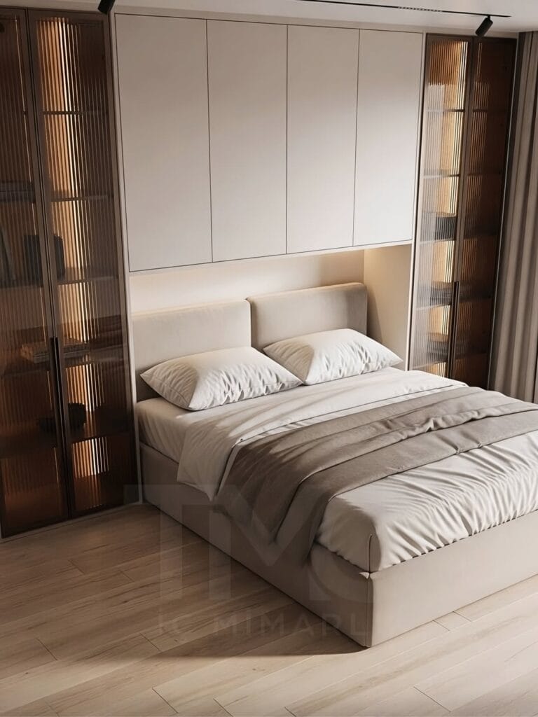 Caddebostan’da modern yatak odası tasarımı; yatak üstü dolap kurgusu, bronz tonlu nervür cam detaylar ve gizli LED aydınlatmalarla sade, lüks ve fonksiyonel bir iç mimari çözüm – TMC Mimarlık projesi.
