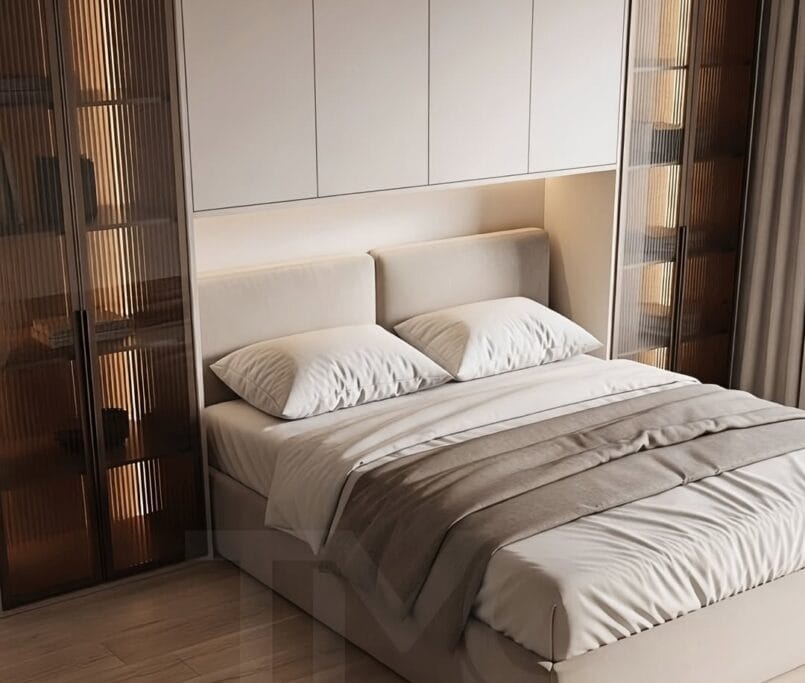 Caddebostan’da modern yatak odası tasarımı; yatak üstü dolap kurgusu, bronz tonlu nervür cam detaylar ve gizli LED aydınlatmalarla sade, lüks ve fonksiyonel bir iç mimari çözüm – TMC Mimarlık projesi.