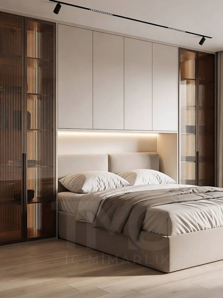 Caddebostan’da modern yatak odası tasarımı; yatak üstü dolap kurgusu, bronz tonlu nervür cam detaylar ve gizli LED aydınlatmalarla sade, lüks ve fonksiyonel bir iç mimari çözüm – TMC Mimarlık projesi.