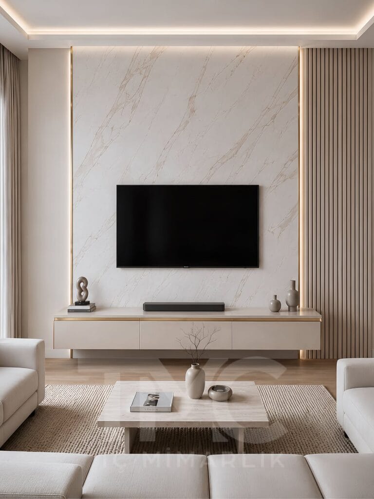 Modern mermer görünümlü TV ünitesi tasarımı, gold detaylı asma TV ünitesi, gizli LED aydınlatmalı çıtalı duvar uygulaması ve açık vizon tonlarında modern salon dekorasyonu ile tasarlanan Limonlu Bahçe Nazlı Hanım yaşam alanı projesi, TMC Mimarlık imzasıyla sade lüks ve modern iç mimari anlayışını bir araya getiriyor.
