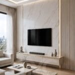 Modern mermer görünümlü TV ünitesi tasarımı, gold detaylı asma TV ünitesi, gizli LED aydınlatmalı çıtalı duvar uygulaması ve açık vizon tonlarında modern salon dekorasyonu ile tasarlanan Limonlu Bahçe Nazlı Hanım yaşam alanı projesi, TMC Mimarlık imzasıyla sade lüks ve modern iç mimari anlayışını bir araya getiriyor.