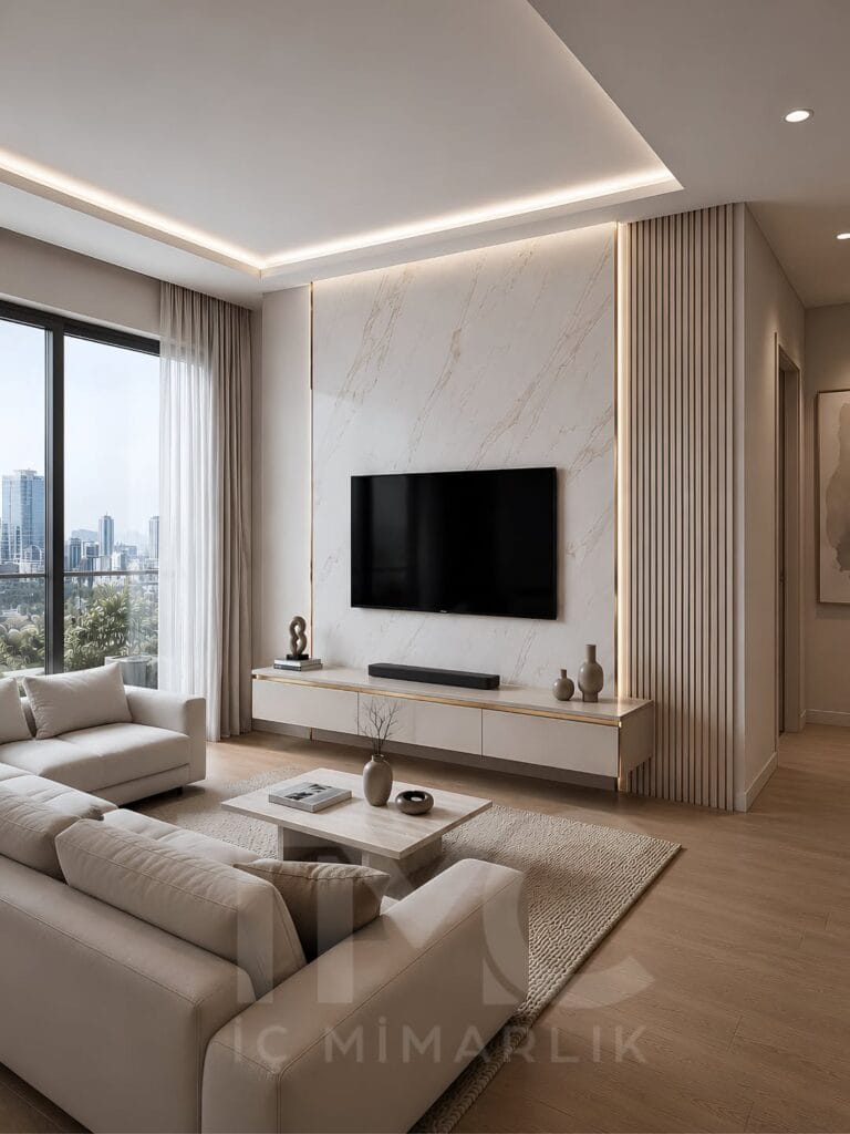 Modern mermer görünümlü TV ünitesi tasarımı, gold detaylı asma TV ünitesi, gizli LED aydınlatmalı çıtalı duvar uygulaması ve açık vizon tonlarında modern salon dekorasyonu ile tasarlanan Limonlu Bahçe Nazlı Hanım yaşam alanı projesi, TMC Mimarlık imzasıyla sade lüks ve modern iç mimari anlayışını bir araya getiriyor.