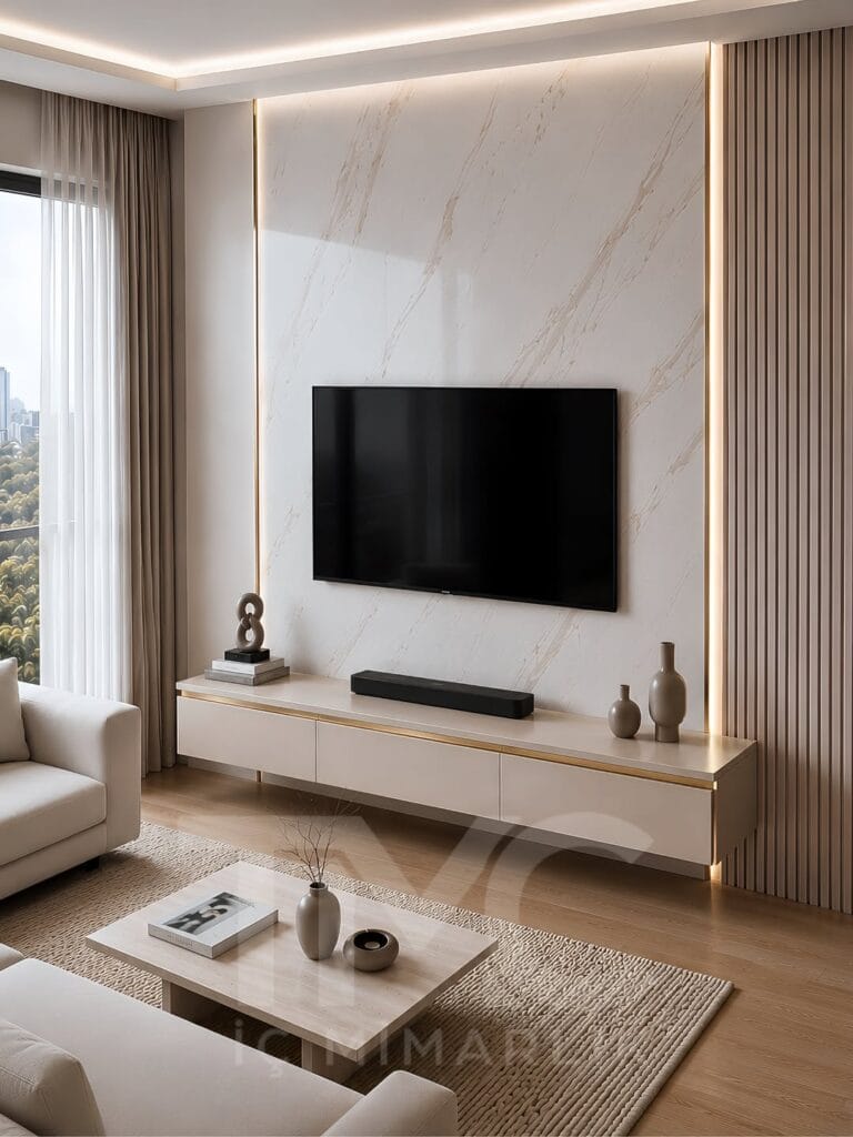 Modern mermer görünümlü TV ünitesi tasarımı, gold detaylı asma TV ünitesi, gizli LED aydınlatmalı çıtalı duvar uygulaması ve açık vizon tonlarında modern salon dekorasyonu ile tasarlanan Limonlu Bahçe Nazlı Hanım yaşam alanı projesi, TMC Mimarlık imzasıyla sade lüks ve modern iç mimari anlayışını bir araya getiriyor.