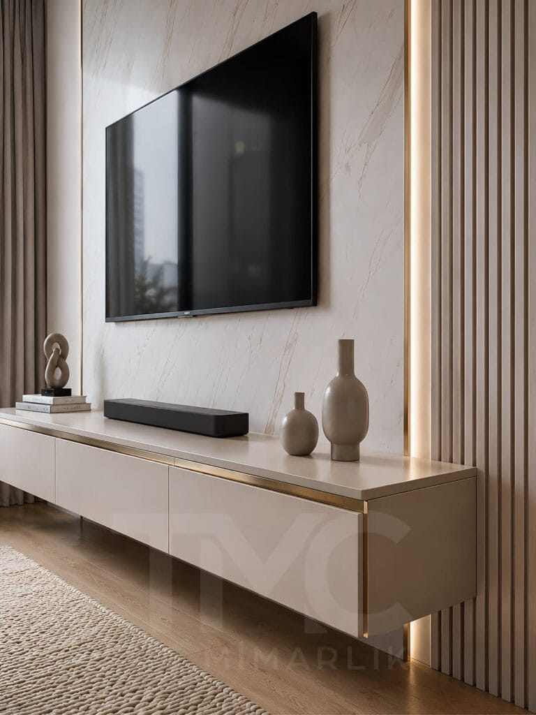 Modern mermer görünümlü TV ünitesi tasarımı, gold detaylı asma TV ünitesi, gizli LED aydınlatmalı çıtalı duvar uygulaması ve açık vizon tonlarında modern salon dekorasyonu ile tasarlanan Limonlu Bahçe Nazlı Hanım yaşam alanı projesi, TMC Mimarlık imzasıyla sade lüks ve modern iç mimari anlayışını bir araya getiriyor.
