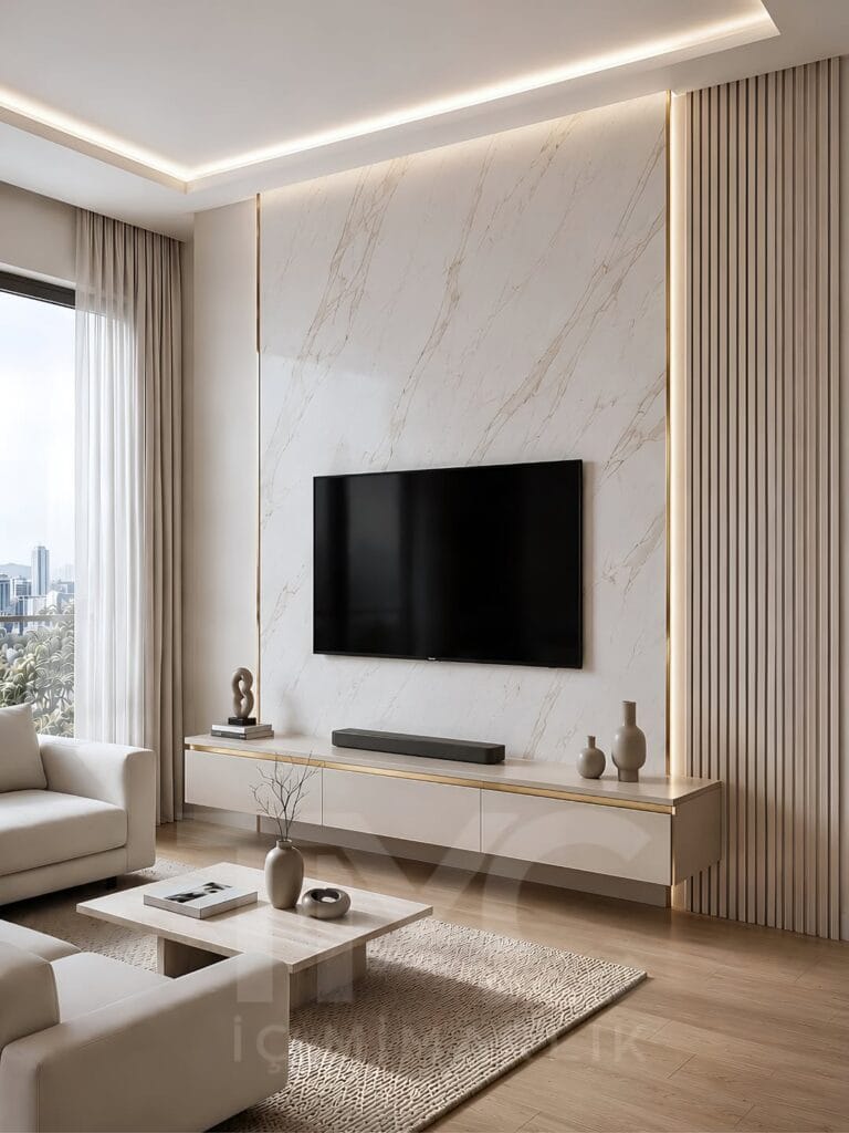 Modern mermer görünümlü TV ünitesi tasarımı, gold detaylı asma TV ünitesi, gizli LED aydınlatmalı çıtalı duvar uygulaması ve açık vizon tonlarında modern salon dekorasyonu ile tasarlanan Limonlu Bahçe Nazlı Hanım yaşam alanı projesi, TMC Mimarlık imzasıyla sade lüks ve modern iç mimari anlayışını bir araya getiriyor.