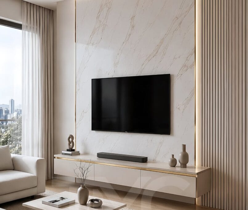 Modern mermer görünümlü TV ünitesi tasarımı, gold detaylı asma TV ünitesi, gizli LED aydınlatmalı çıtalı duvar uygulaması ve açık vizon tonlarında modern salon dekorasyonu ile tasarlanan Limonlu Bahçe Nazlı Hanım yaşam alanı projesi, TMC Mimarlık imzasıyla sade lüks ve modern iç mimari anlayışını bir araya getiriyor.