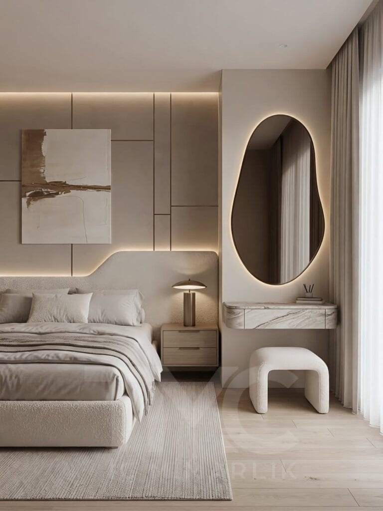 Modern vizon tonlarında tasarlanmış özel ölçü yatak odası dekorasyonu, LED aydınlatmalı oval makyaj aynası, minimal panel duvar uygulaması, modern komodin tasarımı ve sıcak nötr renk paletiyle lüks iç mimari yatak odası projesi.