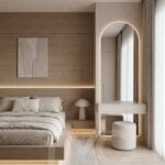 Modern vizon tonlarında tasarlanmış özel ölçü yatak odası dekorasyonu, LED aydınlatmalı oval makyaj aynası, minimal panel duvar uygulaması, modern komodin tasarımı ve sıcak nötr renk paletiyle lüks iç mimari yatak odası projesi.